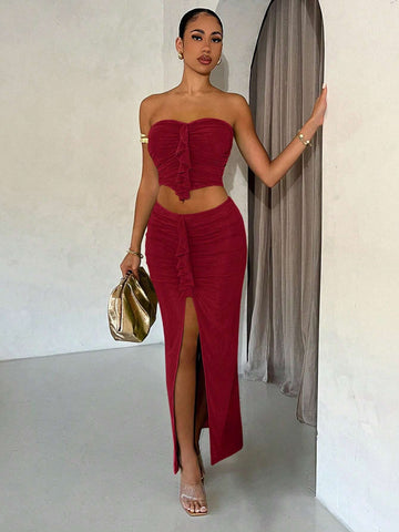 Women's Vacation Style Ruffle Mesh Ruched Elegant Solid Color Maxi Tube Top Dress Set, Summer, Graduation Season