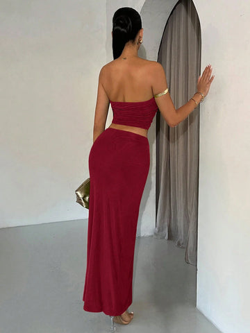 Women's Vacation Style Ruffle Mesh Ruched Elegant Solid Color Maxi Tube Top Dress Set, Summer, Graduation Season