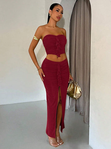 Women's Vacation Style Ruffle Mesh Ruched Elegant Solid Color Maxi Tube Top Dress Set, Summer, Graduation Season