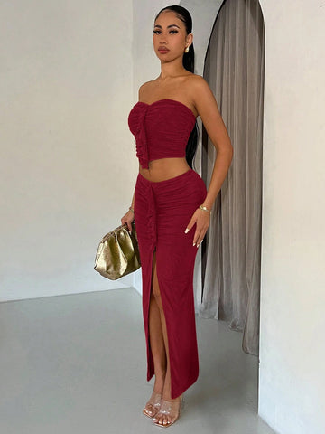 Women's Vacation Style Ruffle Mesh Ruched Elegant Solid Color Maxi Tube Top Dress Set, Summer, Graduation Season