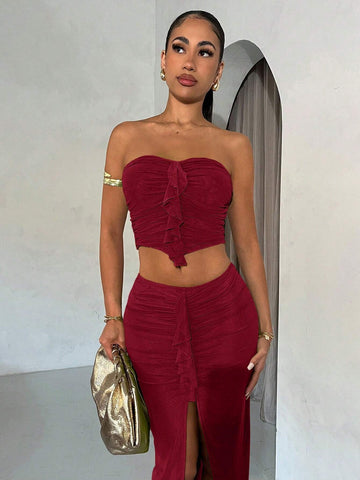 Women's Vacation Style Ruffle Mesh Ruched Elegant Solid Color Maxi Tube Top Dress Set, Summer, Graduation Season