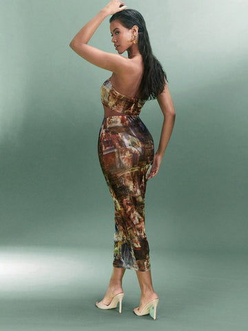 Women's Vintage Oil Painting Pattern Sexy Strapless Knitted Printing Bandeau Top And Mesh Knit Bodycon Skirt Set For Spring Summer Casual Outfit, Festivals, Parties, Dating, Etc