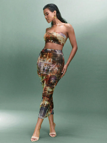 Women's Vintage Oil Painting Pattern Sexy Strapless Knitted Printing Bandeau Top And Mesh Knit Bodycon Skirt Set For Spring Summer Casual Outfit, Festivals, Parties, Dating, Etc