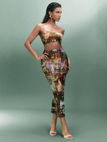 Women's Vintage Oil Painting Pattern Sexy Strapless Knitted Printing Bandeau Top And Mesh Knit Bodycon Skirt Set For Spring Summer Casual Outfit, Festivals, Parties, Dating, Etc