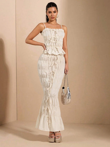 BAE Women's White Mermaid Hemline Skirt With Scalloped Lace Trim, Bow Decor, Sexy And Sweet For Daily Wear