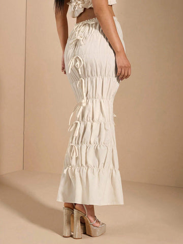 BAE Women's White Mermaid Hemline Skirt With Scalloped Lace Trim, Bow Decor, Sexy And Sweet For Daily Wear