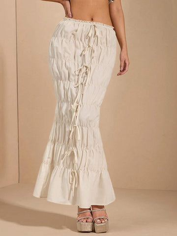 BAE Women's White Mermaid Hemline Skirt With Scalloped Lace Trim, Bow Decor, Sexy And Sweet For Daily Wear