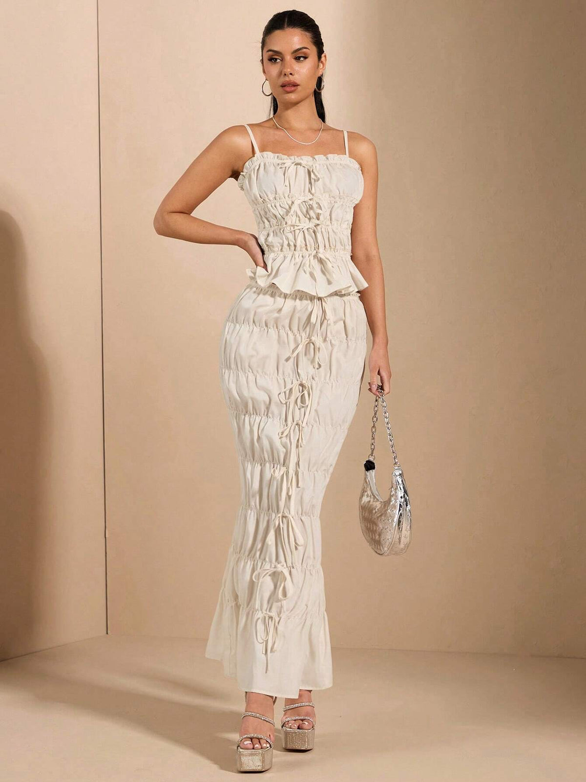 BAE Women's White Mermaid Hemline Skirt With Scalloped Lace Trim, Bow Decor, Sexy And Sweet For Daily Wear