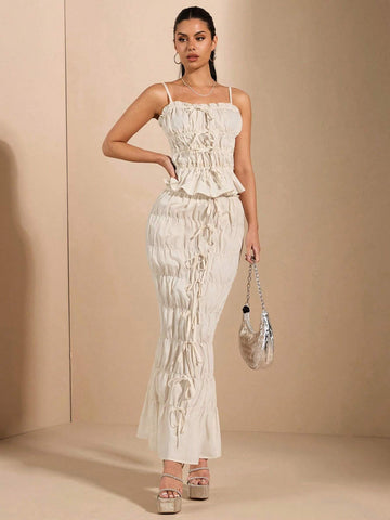 BAE Women's White Mermaid Hemline Skirt With Scalloped Lace Trim, Bow Decor, Sexy And Sweet For Daily Wear