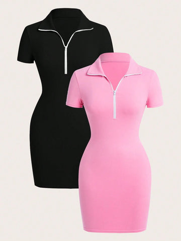 2pcs Casual Solid Color Knit Half-Open Collar Short Sleeve Fitted Women Mini Dress
