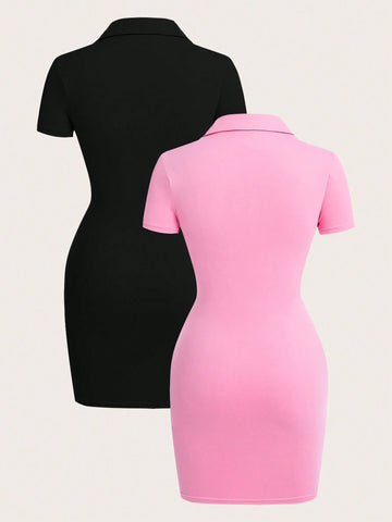 2pcs Casual Solid Color Knit Half-Open Collar Short Sleeve Fitted Women Mini Dress
