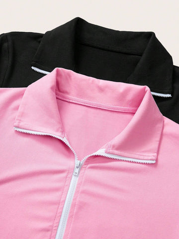 2pcs Casual Solid Color Knit Half-Open Collar Short Sleeve Fitted Women Mini Dress