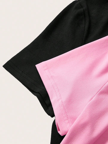 2pcs Casual Solid Color Knit Half-Open Collar Short Sleeve Fitted Women Mini Dress