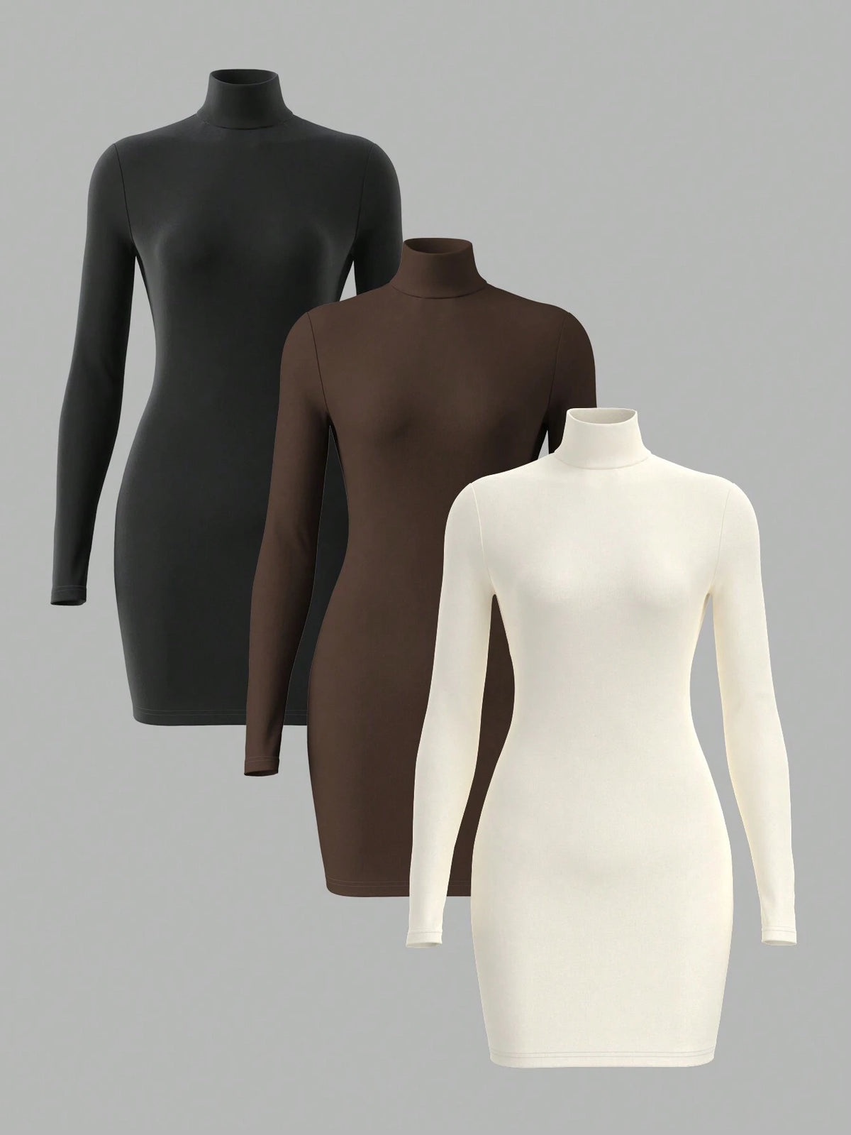 3pcs/Pack Solid Color Knitted Long Sleeve Slim Fit Turtleneck Mini Dress For Women
