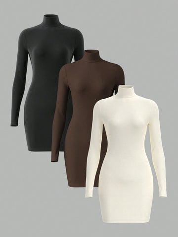 3pcs/Pack Solid Color Knitted Long Sleeve Slim Fit Turtleneck Mini Dress For Women