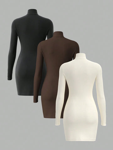 3pcs/Pack Solid Color Knitted Long Sleeve Slim Fit Turtleneck Mini Dress For Women