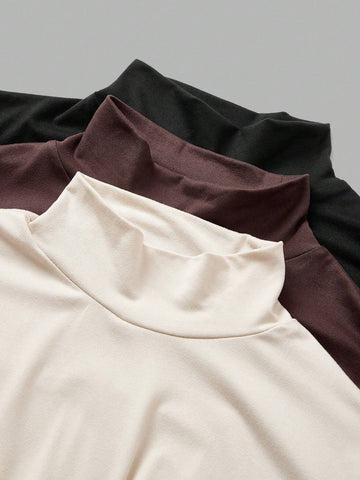 3pcs/Pack Solid Color Knitted Long Sleeve Slim Fit Turtleneck Mini Dress For Women