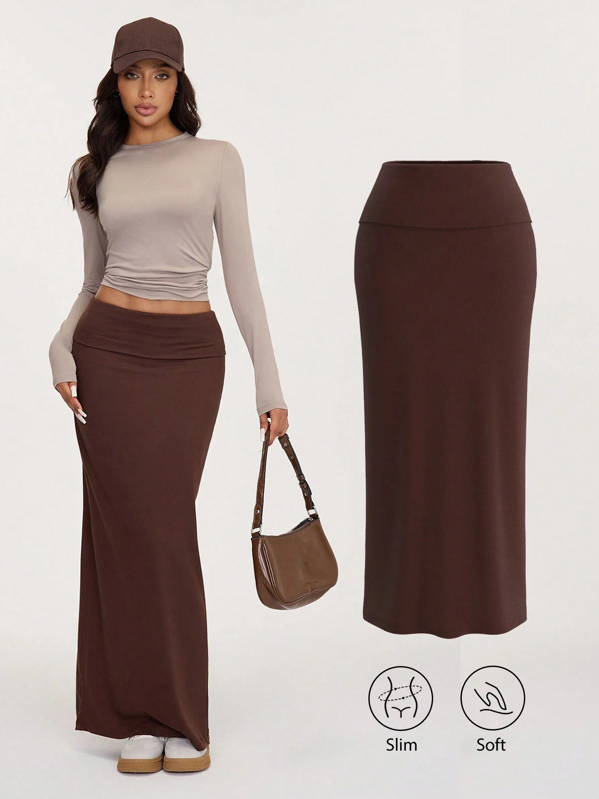 BASICS Casual Solid Color Knit Fitted Mid-Waist Skirt For Women