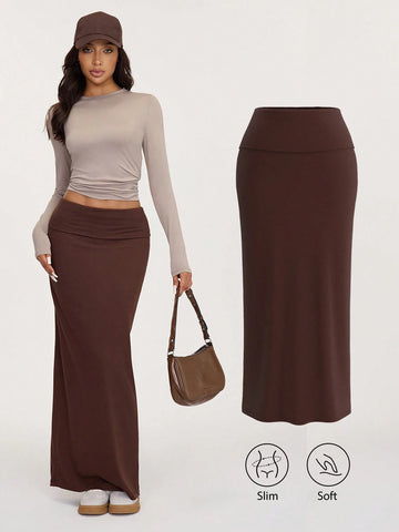 BASICS Casual Solid Color Knit Fitted Mid-Waist Skirt For Women