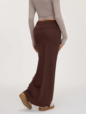BASICS Casual Solid Color Knit Fitted Mid-Waist Skirt For Women