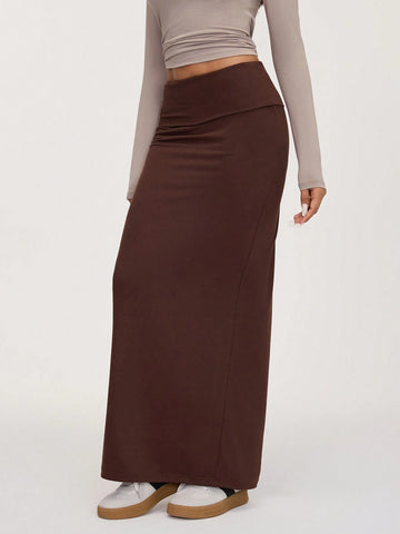 BASICS Casual Solid Color Knit Fitted Mid-Waist Skirt For Women