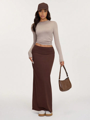 BASICS Casual Solid Color Knit Fitted Mid-Waist Skirt For Women