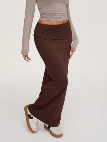 BASICS Casual Solid Color Knit Fitted Mid-Waist Skirt For Women
