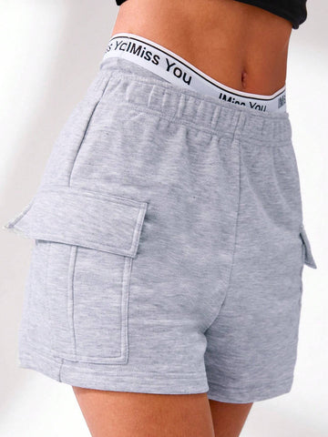 BASICS Leisure Solid Color Knitted High-Waisted Women's Shorts With Pleated Pocket & Flap, Both Sides