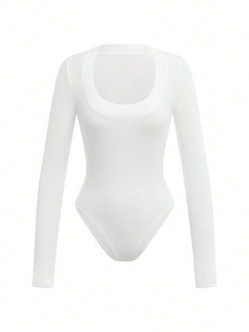 Solid Color Knitted Round Neck Long Sleeve Bodysuit For Women, Casual Slim Fit