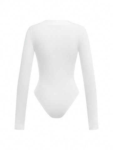 Solid Color Knitted Round Neck Long Sleeve Bodysuit For Women, Casual Slim Fit