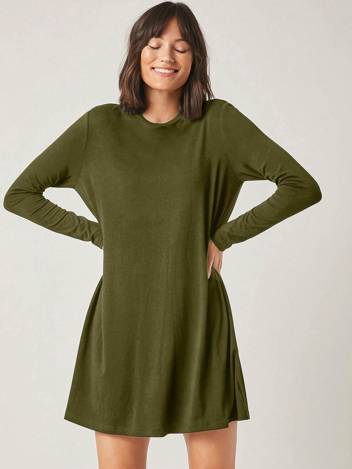 Solid Color Round Neck Casual Versatile Long Sleeve Knit Dress, For Autumn, Comfortable,