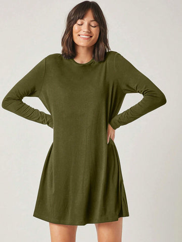 Solid Color Round Neck Casual Versatile Long Sleeve Knit Dress, For Autumn, Comfortable,
