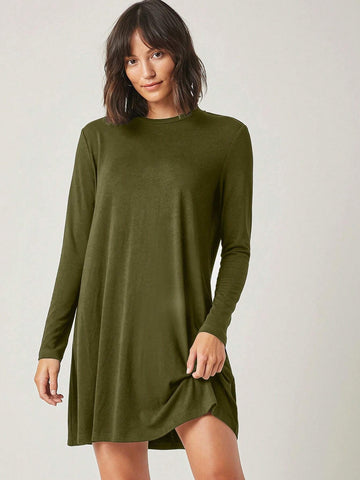 Solid Color Round Neck Casual Versatile Long Sleeve Knit Dress, For Autumn, Comfortable,