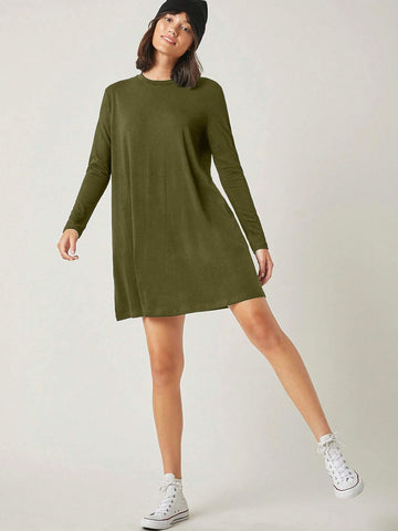 Solid Color Round Neck Casual Versatile Long Sleeve Knit Dress, For Autumn, Comfortable,