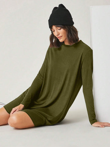 Solid Color Round Neck Casual Versatile Long Sleeve Knit Dress, For Autumn, Comfortable,