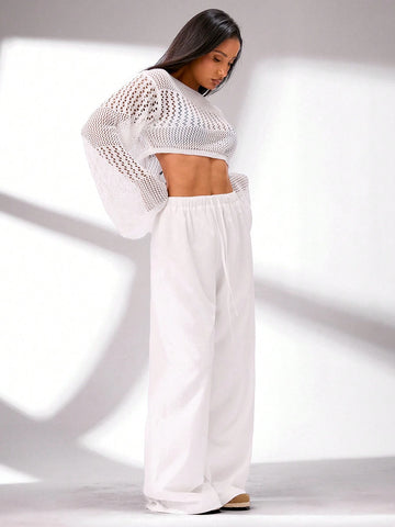 BASICS Solid Color Woven High Waisted Wide Leg Casual Women's Pants