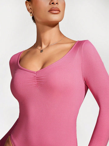 Women'S Solid Color Ribbed Knitted Bodysuit