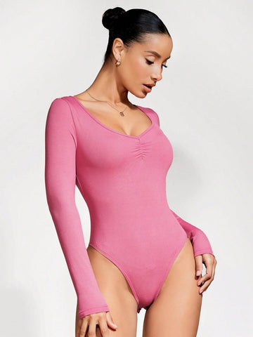 Women'S Solid Color Ribbed Knitted Bodysuit