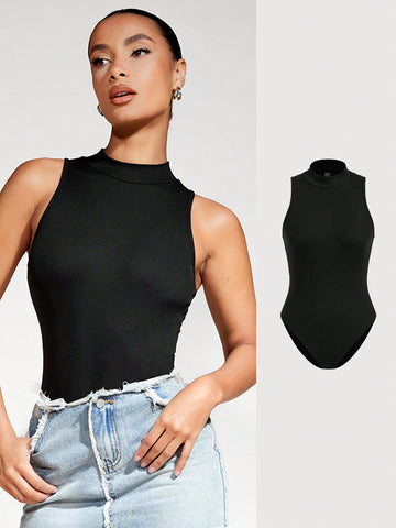 Women'S Solid Color Stand Collar Bodysuit