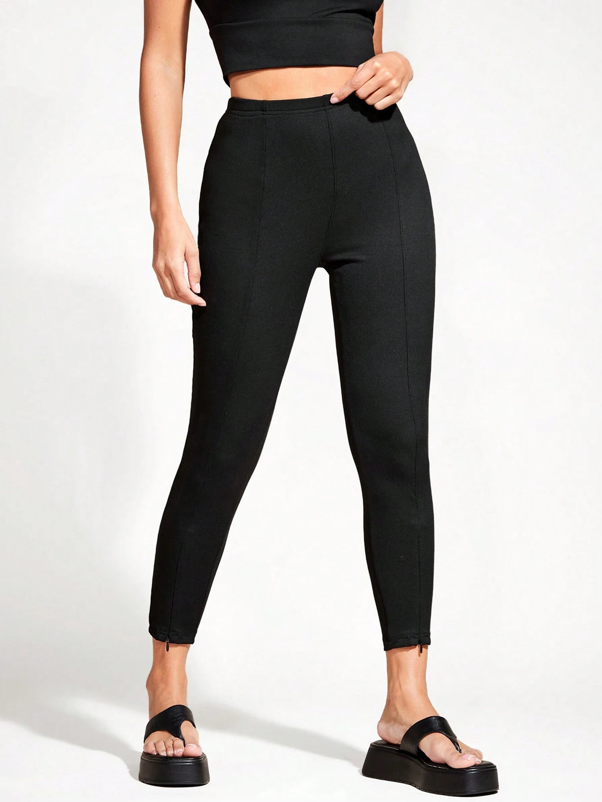 BASICS Women's Ribbed Knit Zipper Closure Split Hem High Waisted Leggings