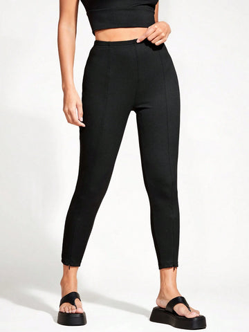 BASICS Women's Ribbed Knit Zipper Closure Split Hem High Waisted Leggings