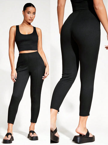BASICS Women's Ribbed Knit Zipper Closure Split Hem High Waisted Leggings