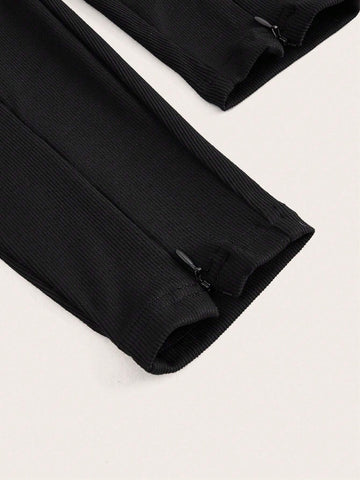 BASICS Women's Ribbed Knit Zipper Closure Split Hem High Waisted Leggings