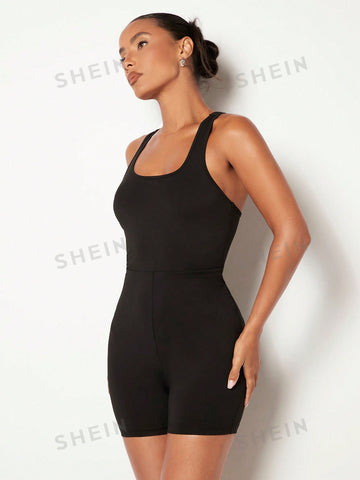 Women's Slim Fit Romper With Sleeveless Letter Printed Tank Top