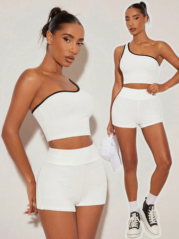 Women's Solid Color Sleeveless Top With Asymmetric Collar And Solid Color Shorts Set