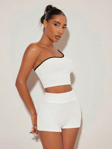 Women's Solid Color Sleeveless Top With Asymmetric Collar And Solid Color Shorts Set