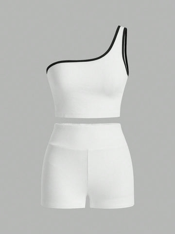 Women's Solid Color Sleeveless Top With Asymmetric Collar And Solid Color Shorts Set