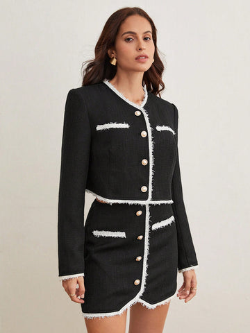 1pc Contrast Trim Jacket & 1pc Skirt