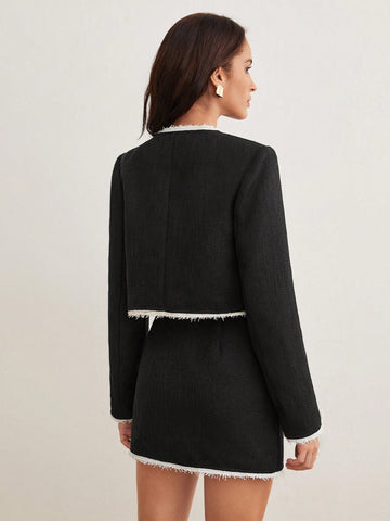 1pc Contrast Trim Jacket & 1pc Skirt