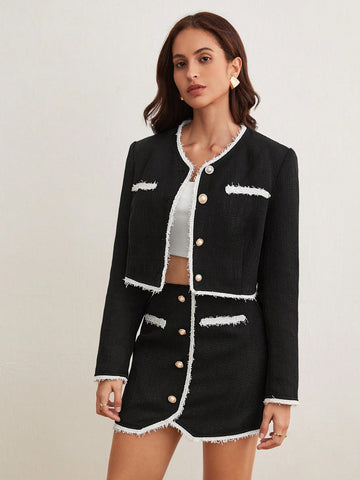 1pc Contrast Trim Jacket & 1pc Skirt